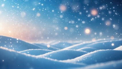Winter snow background featuring snowdrifts, with lovely light and snowflakes against the blue sky, in banner format, with space for text.