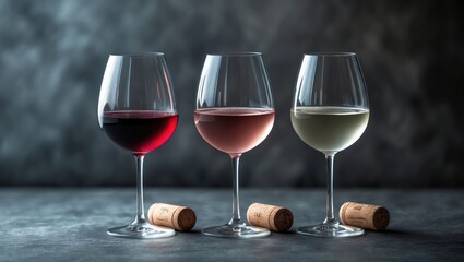 Wine arrangement featuring red, rosÃ©, and white wine in glasses. Aerial view, flat lay. Minimalist trendy photography banner.