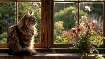 Serene scene features a majestic cat gazing out the window, surrounded by blooming flowers. Ideal for pet lovers, nature enthusiasts, and home decor themes. Perfect ambiance for relaxation.