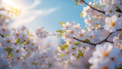 Fototapeta premium Branches of blooming cherry close-up with soft focus against a gentle light blue sky background in sunlight with copy space. Stunning floral image of spring nature panoramic view.