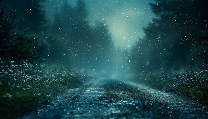 A snowy forest with a road in the middle