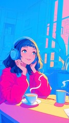 City Pop Dreamscape, vibrant anime illustration of a young woman in a cozy café, vintage headphones, nostalgic jazz, soft sunrise, minimalist pastel hues, bold outlines, retro charm.