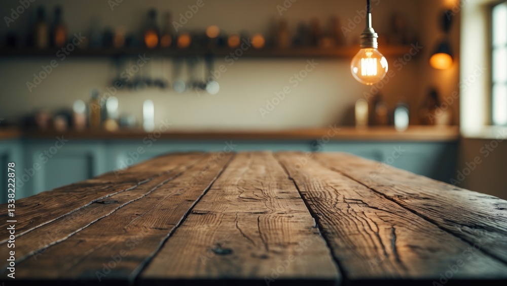 Poster wooden tabletop on a blurred counter with a light bulb. background for product display montage or de