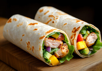 close-up of three chicken wraps on a wooden table,