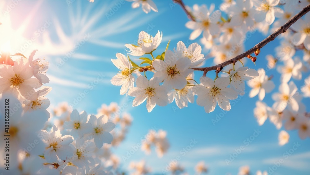 Poster branches of cherry blossoms in macro view with soft focus against a gentle light blue sky background