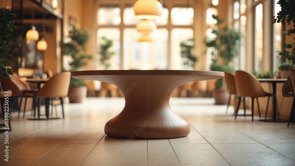 Aufkleber selected focus on an empty brown wooden table with a blurred background featuring bokeh. ideal for y