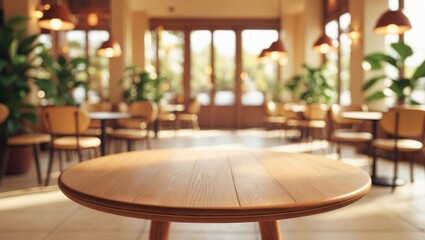 Fototapeta premium Selected focus on an empty brown wooden table with a blurred background featuring bokeh effects. Ideal for your photomontage or product display.