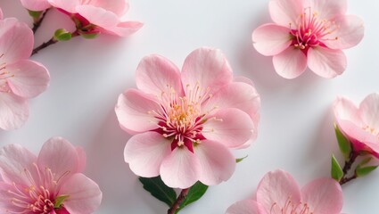 Sakura pink cherry blossom flower isolated on a white background. Shallow depth of field. Soft pastel tone. Floral springtime.