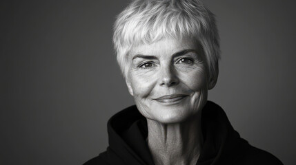 A striking monochrome portrait of a mature woman with short layered hair, wearing a casual yet elegant black hoodie, captured in a three-quarter angle
