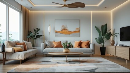A modern living room showcases luxury design with a fireplace and ample window light