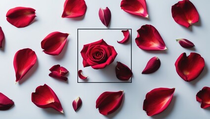 Collection of 16 red rose petals on a white background
