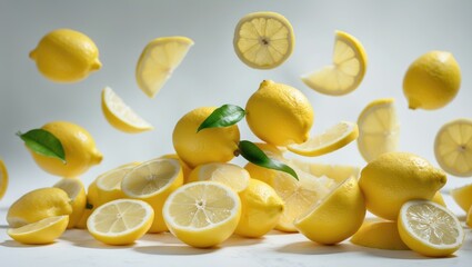 Set of airborne sliced fresh juicy lemon on a white background