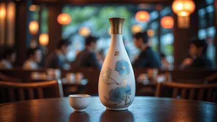 Sake bottle and cup with a blurred restaurant scene in the background.