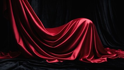 Satin red fabric against a black backdrop. Abstract composition.