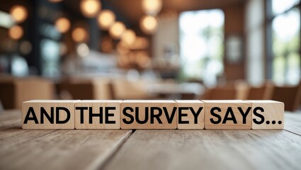 Wooden blocks displaying the phrase 'And the Survey Says...'