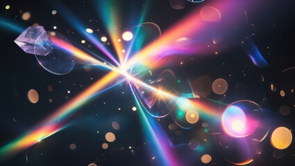 Blue light flare prism rainbow flares overlay effect on a backdrop, with light passing through crystals, creating prismatic sun catcher reflections. Abstract blurred colorful lens flare bokeh again...