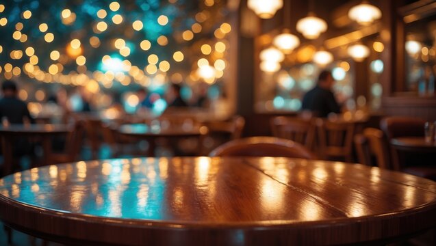 Wood table surface reflecting blurred lights in a night cafe, with a restaurant backdrop and selective focus.