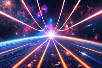 Naklejka premium Hyperspace Adventure Backdrop Featuring a Colorful Cosmic Journey with Dynamic Acceleration and Vibrant Light Effects