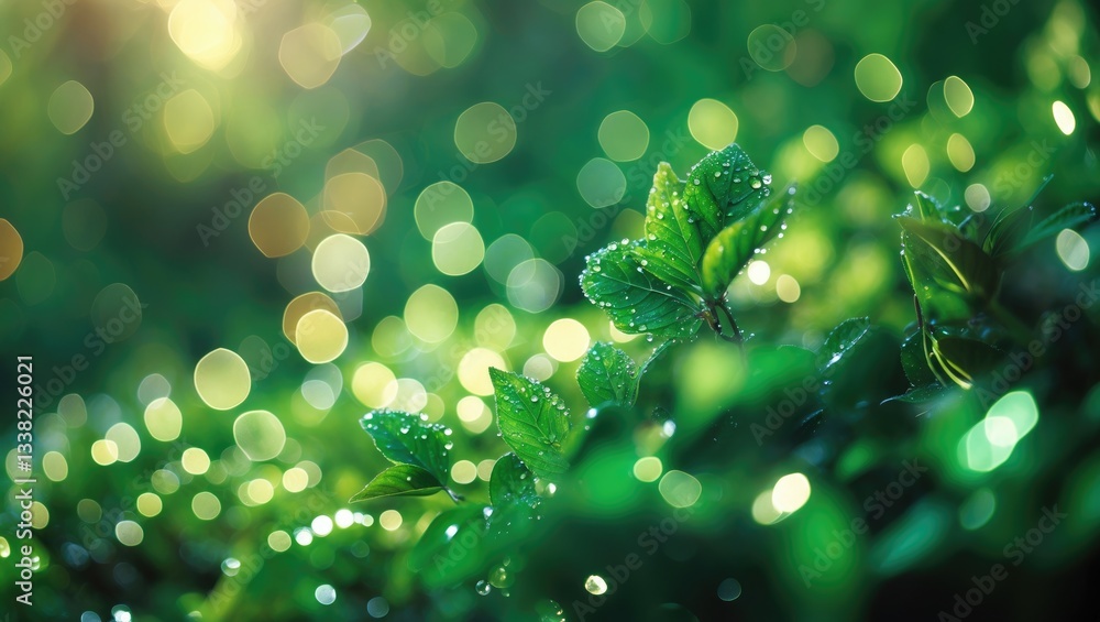 Poster bokeh of vibrant tree leaves illuminated by sunlight. natural green backdrop. blurred abundant green