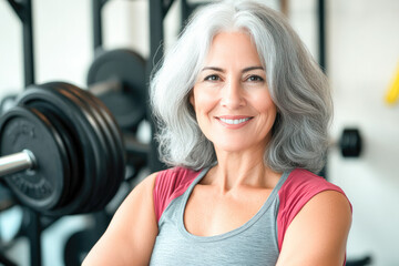 Obraz premium Confident senior woman in gym staying fit and active with strength training, promoting healthy aging, wellness, and motivation. 