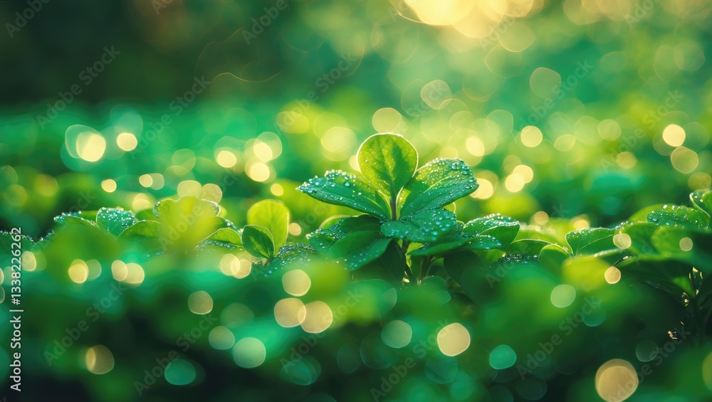Poster bokeh effect of vibrant tree leaves illuminated by sunlight. natural green backdrop. blurred lush gr