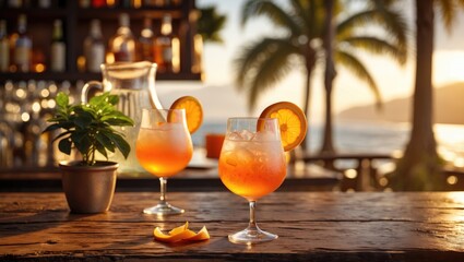 Obraz premium Sangria cocktail featuring white wine at the bar. A revitalizing drink for summer.