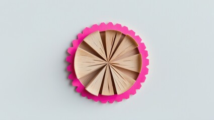 Round tidy shavings from sharpening a wooden pencil with a border. Isolated white background, close-up image.