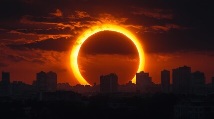 Partial Solar Eclipse Over City Skyline at Sunset. Generative AI