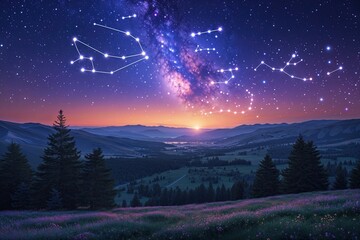 Fototapeta premium Enchanted Twilight Horizon with Celestial Constellations and Vibrant Stars in a Stunning Night Landscape