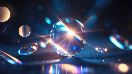 Blue light flare prism rainbow flares overlay effect on dark background, with light passing through crystals, creating prismatic sun catcher reflections. Abstract blurred colorful lens flare bokeh ...