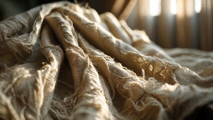 Close-up shot of natural fabric texture, highlighting its coarse weave and subtle color variations. Perfect for rustic or vintage aesthetics.