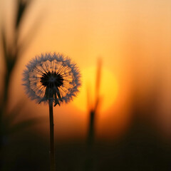 Eine Pusteblume erstrahlt im goldenen Sonnenuntergang, symbolisiert Vergänglichkeit und natürliche Schönheit in einer ruhigen Abendstimmung.
