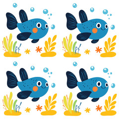 Seamless pattern background of a blue cute smiling fish in the sea with algae