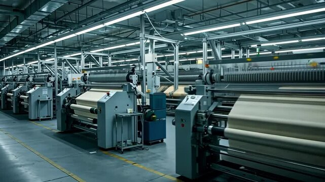 Industrial weaving machines in a textile factory with bright overhead lighting system present