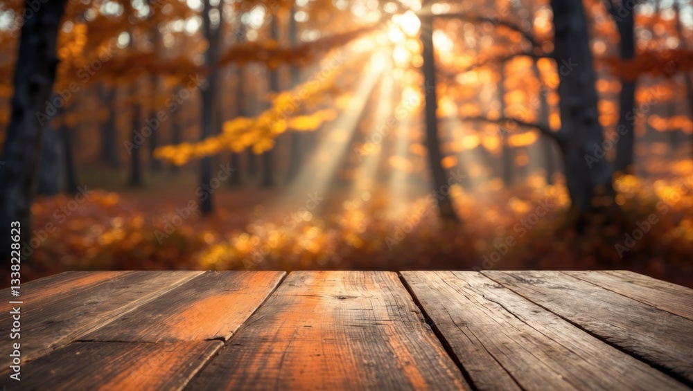 Poster wood table during autumn scenery featuring empty copy space for product presentation.