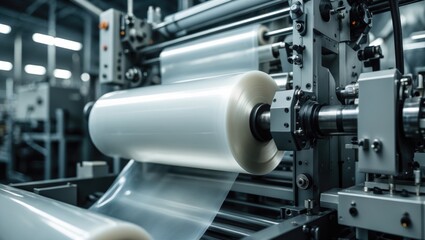 The functioning of an automatic plastic bag production machine. Close-up view of the roller of the production machine. Machine for packaging using cellophane.