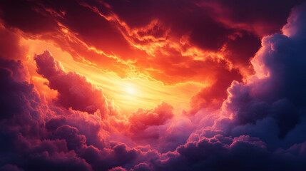 Fototapeta premium dramatic dark sunset with detailed billowing clouds creates stunning visual spectacle. vibrant colors of orange and purple evoke sense of awe and tranquility