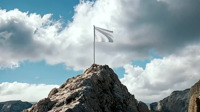 A flag raised on a rocky peak under stormy skies