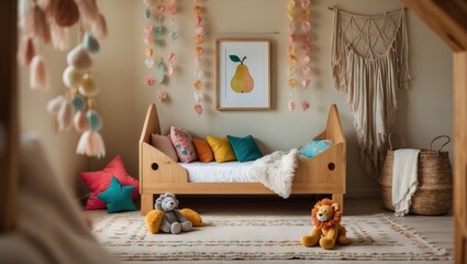 Stylish arrangement of a cozy child's room interior featuring a wooden bed, plush and wooden toys, a rattan basket, and textile hanging decorations. Creative wall art and carpet on the floor. Templ...