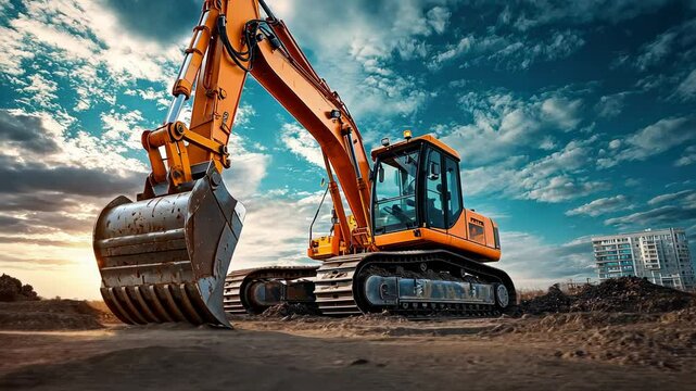 A bright orange excavator stands ready for construction work, under a vivid sky.