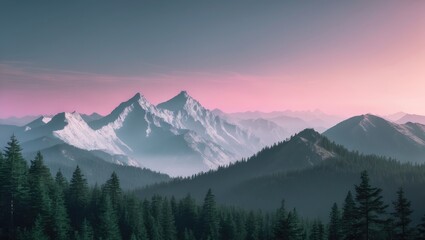 Fototapeta premium Scenic landscape of mountain peaks and coniferous forest during sunrise with a pink sky.
