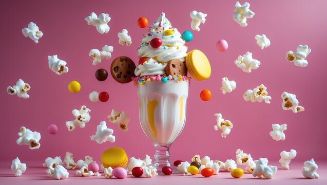 milkshake with airborne popcorn on a pink backdrop