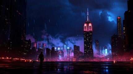 Obraz premium Cyberpunk Cityscape Rain Neon Lights Futuristic Skyline