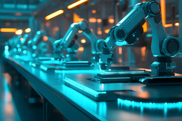 Fototapeta premium Futuristic robotics arms in an automated industrial assembly line