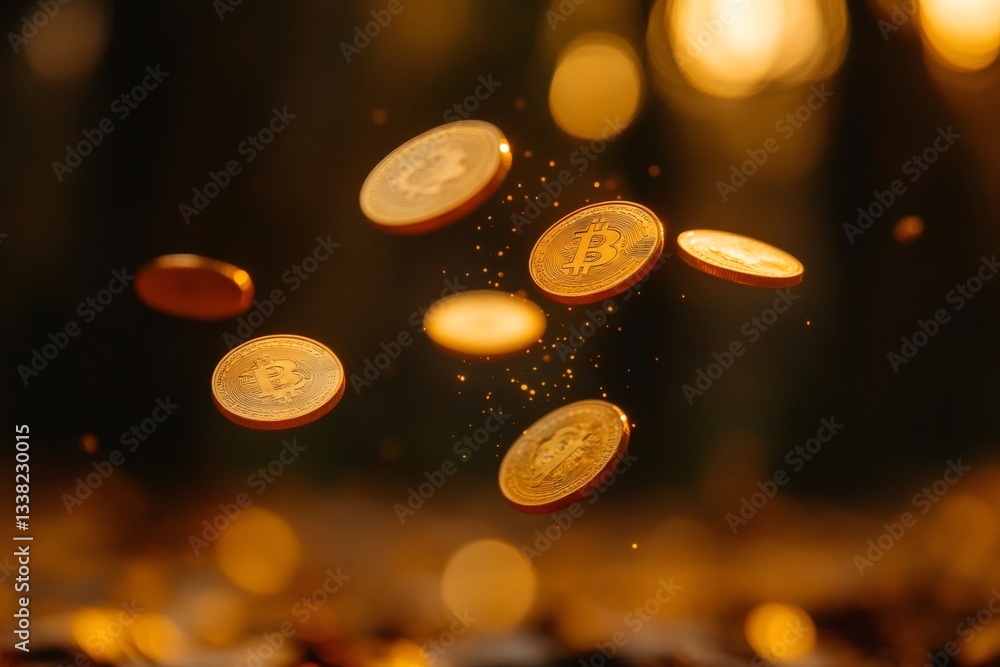 Poster golden cryptocurrency coins rotating in the air with bokeh background