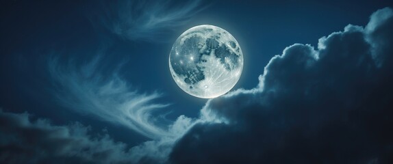 Night sky featuring a full bright moon among the clouds