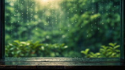 Wood table surface on window glass with raindrops. Suitable for displaying or showcasing your products.