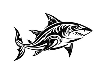 Tribal Shark Tattoo – Black and White Vector Illustration with Bold Tribal Elements