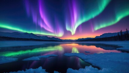 Aurora borealis in the night sky. Green northern lights over mountains. Winter landscape at night with aurora reflecting on the water surface. Natural backdrop.