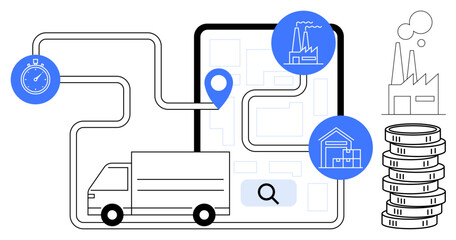 Fototapeta premium Delivery truck moves along map with route highlights, stopwatch, factories, coin stack representing supply chain efficiency, production, and economic management. Ideal for logistics, delivery